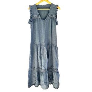 Meo Meli Made In Italy Blue 100% Linen Maxi Sleeveless Dress One Size Ruffle